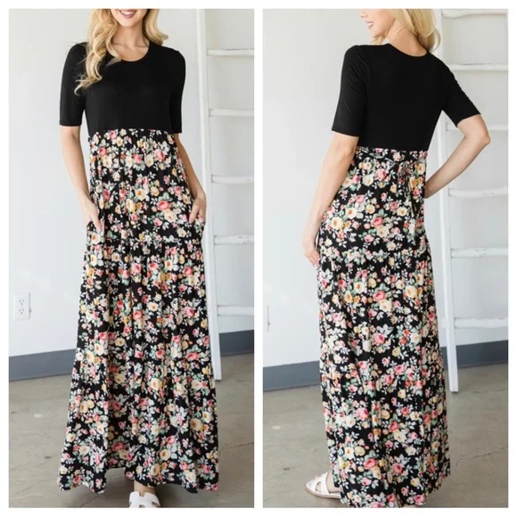BOHO FLORAL COLOR BLOCK MAXI DRESS - Picture 3 of 6